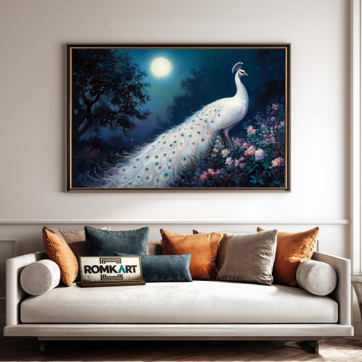 White Peacock Full Moon Bird Oil Painting - image 4