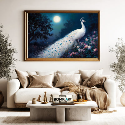White Peacock Full Moon Bird Oil Painting - image 5