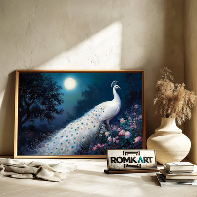 White Peacock Full Moon Bird Oil Painting - image 6