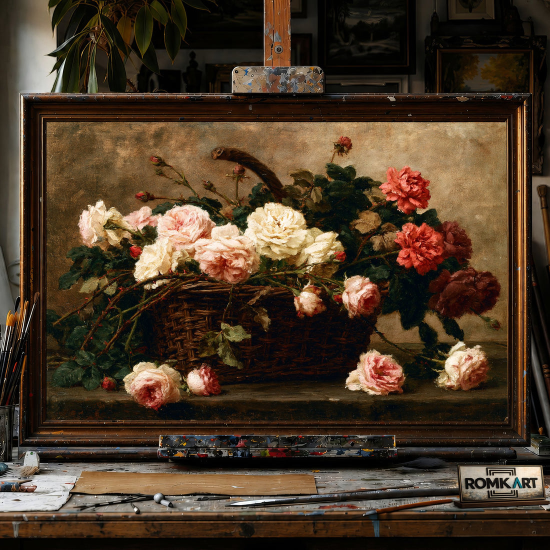 Wicker Basket with Roses - Hand-Painted Oil Painting - View 1