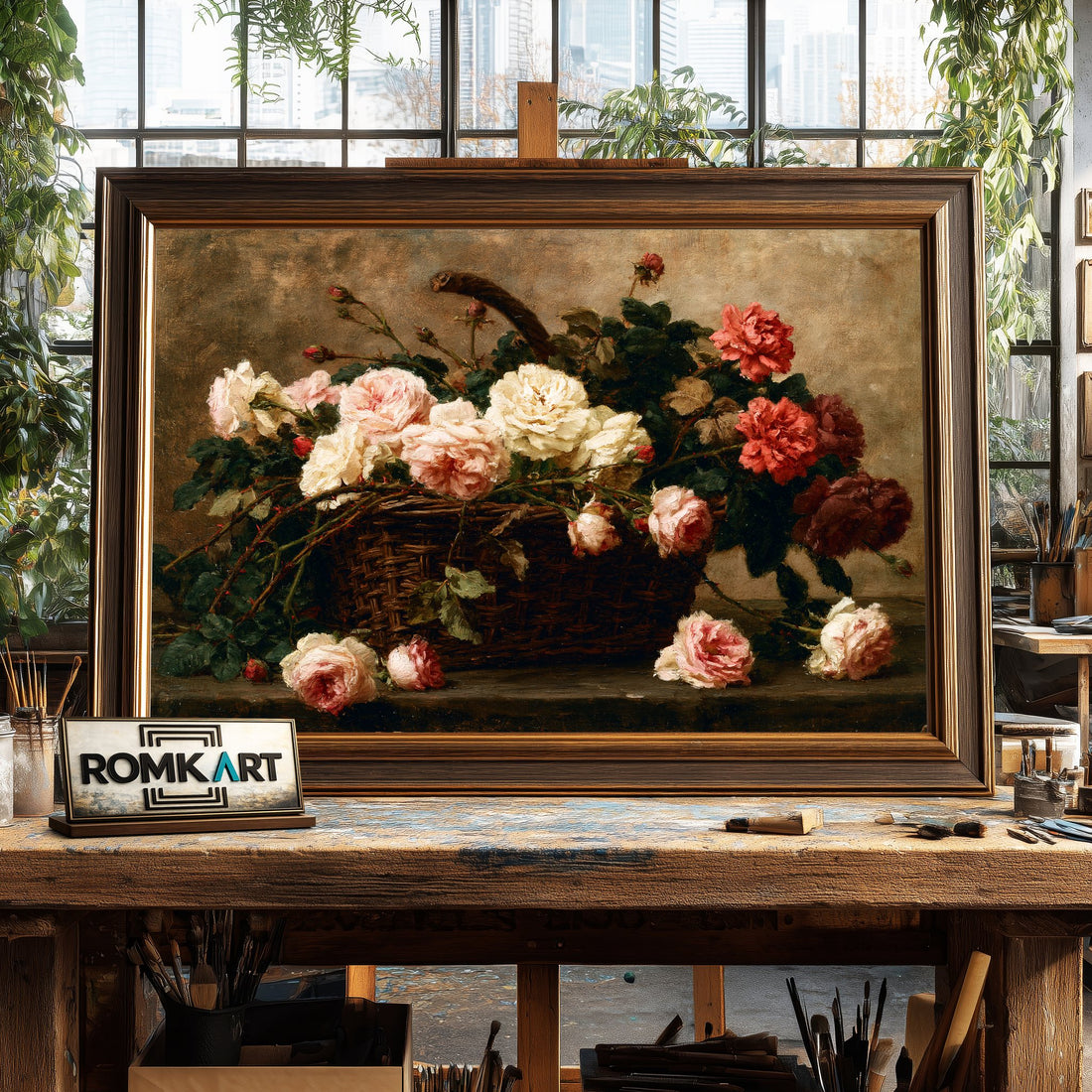 Wicker Basket with Roses - Hand-Painted Oil Painting - View 1