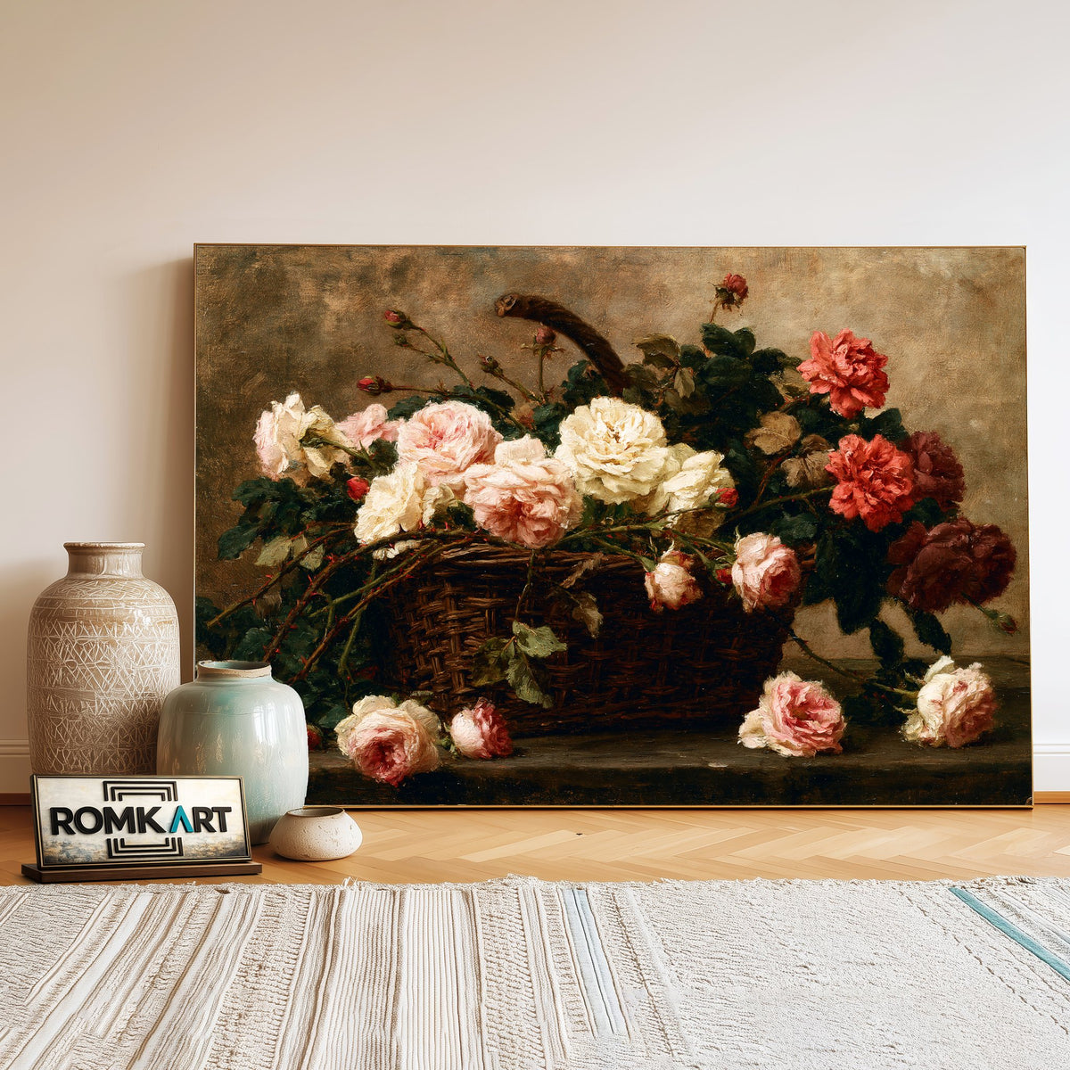 Wicker Basket With Roses Oil Painting - image 3