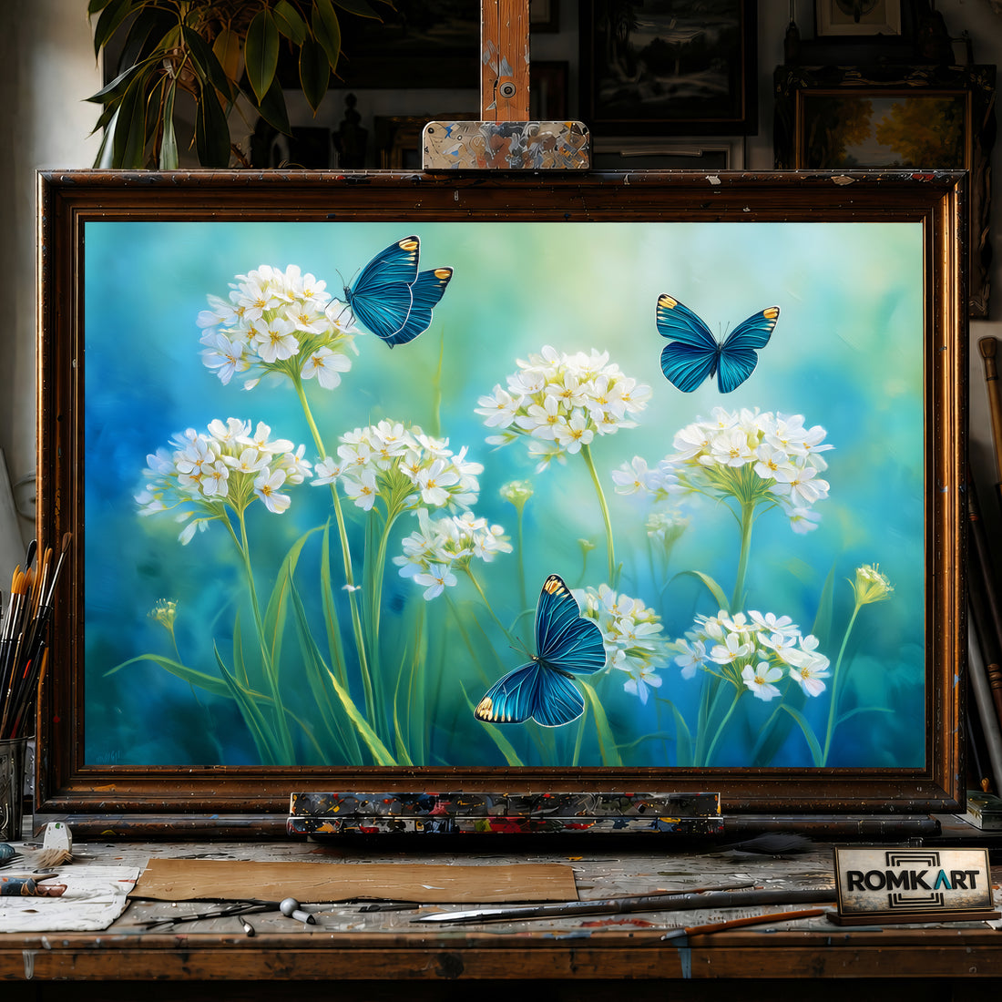 Wildflowers and Butterflies hand-painted oil painting on canvas