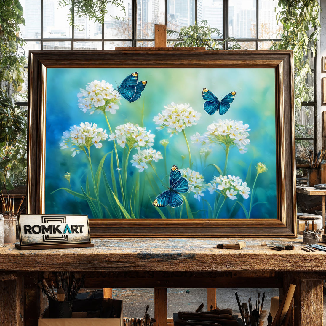Wildflowers and Butterflies hand-painted oil painting on canvas