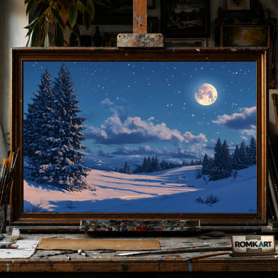 Winter Night Full Moon hand-painted oil painting on canvas
