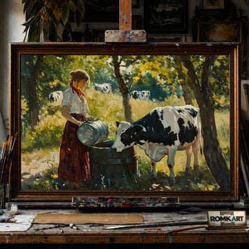 Woman and Black and White Cow hand-painted oil painting on canvas