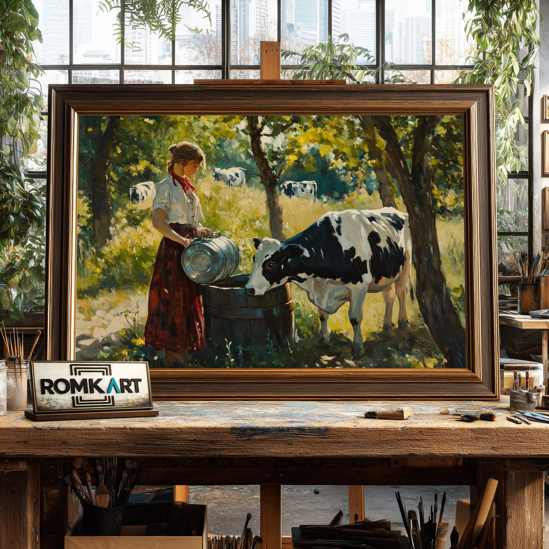 Woman and Black and White Cow hand-painted oil painting on canvas