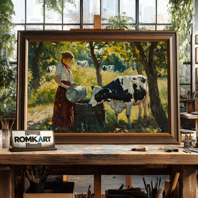 Woman and Black and White Cow Farm Animal Oil Painting - image 2