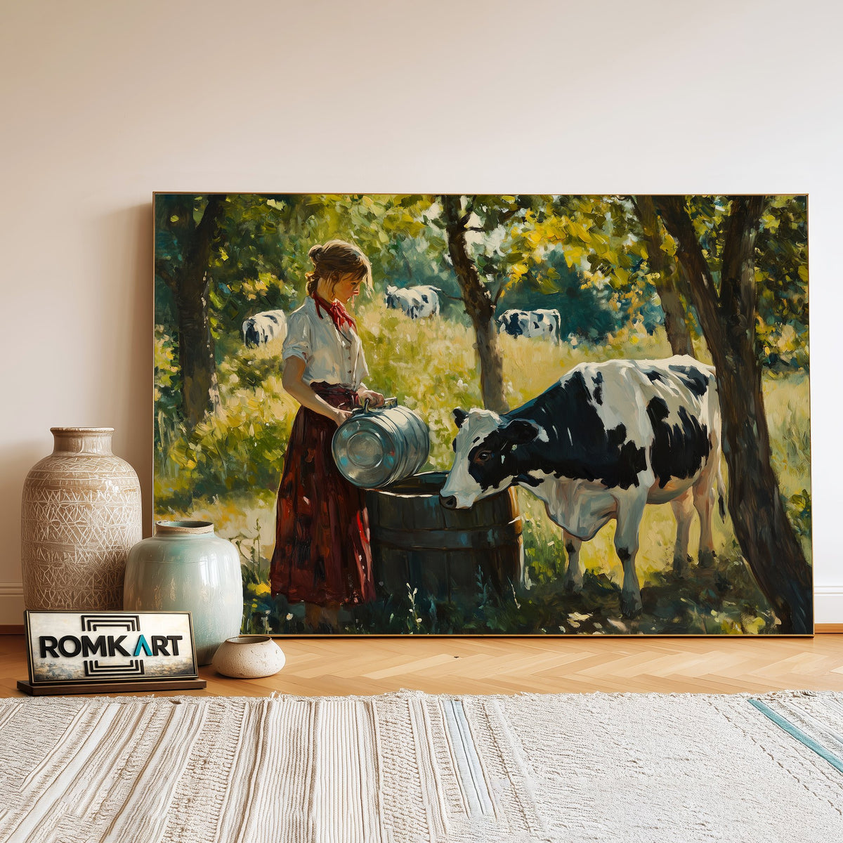Woman and Black and White Cow Farm Animal Oil Painting - image 3