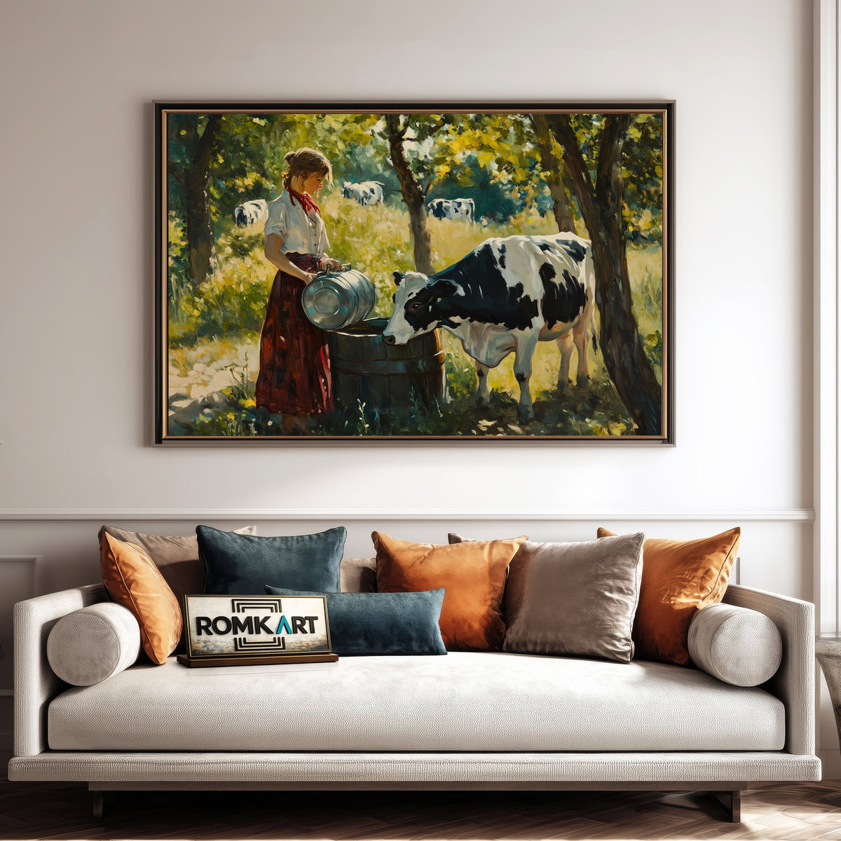 Woman and Black and White Cow Farm Animal Oil Painting - image 4
