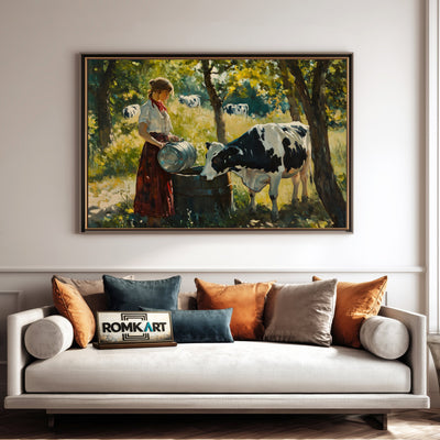 Woman and Black and White Cow Farm Animal Oil Painting - image 4