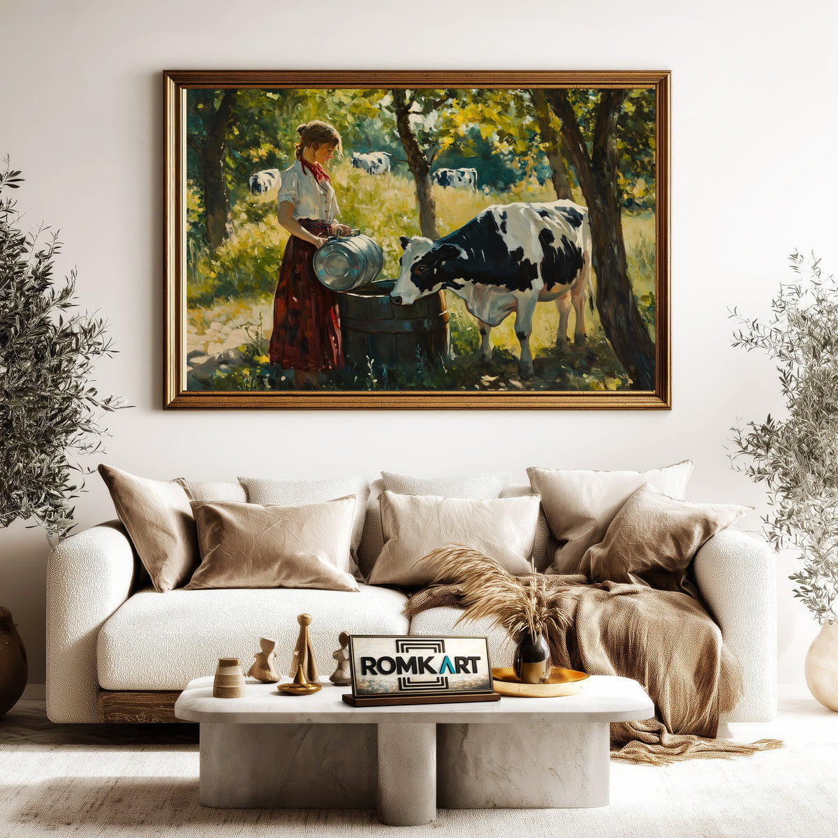 Woman and Black and White Cow Farm Animal Oil Painting - image 5