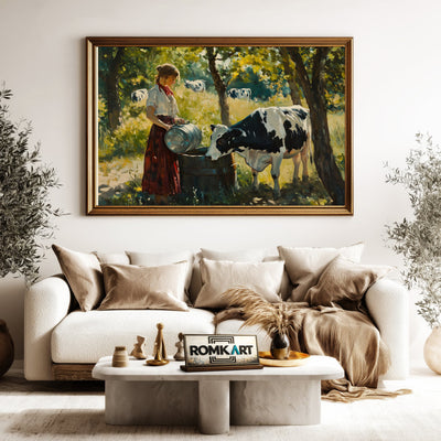 Woman and Black and White Cow Farm Animal Oil Painting - image 5