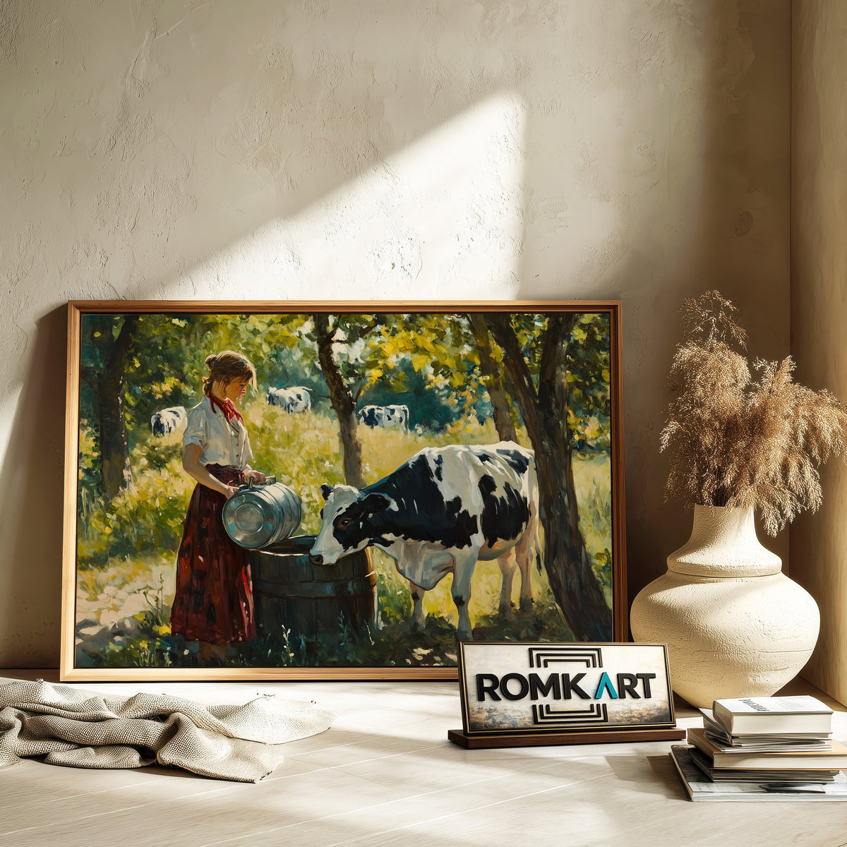 Woman and Black and White Cow Farm Animal Oil Painting - image 6