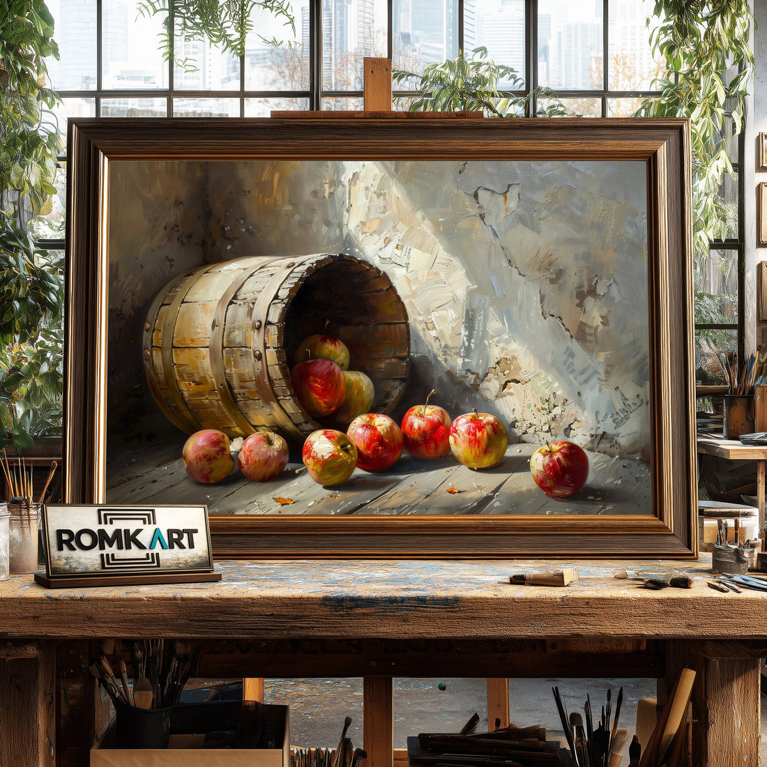 Wooden Bucket Apple hand-painted oil painting on canvas