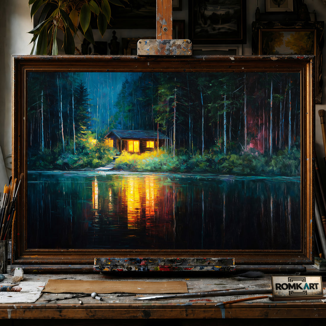 Wooden Cabin in the Forest Night hand-painted oil painting on canvas