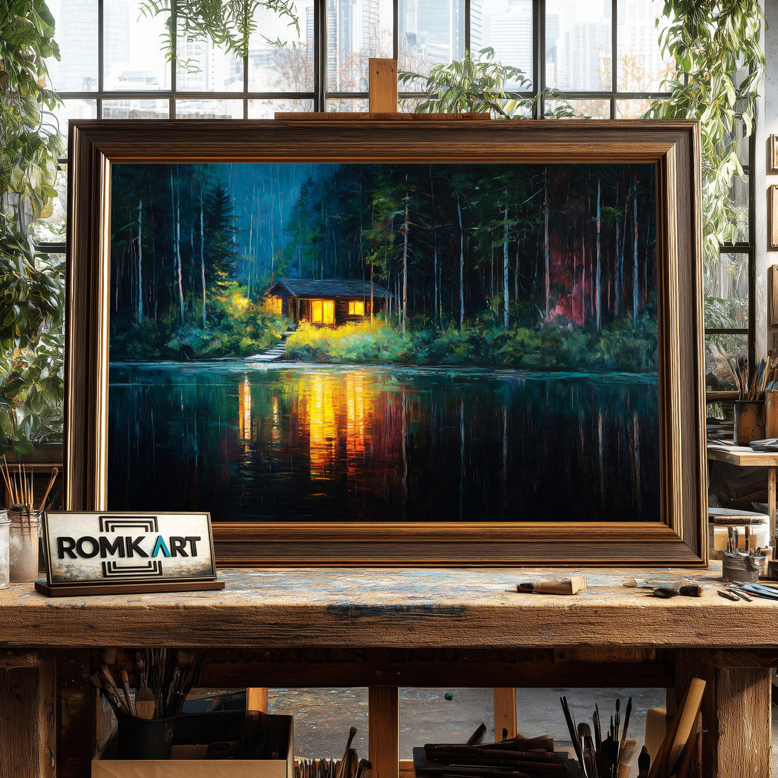Wooden Cabin in the Forest Night hand-painted oil painting on canvas