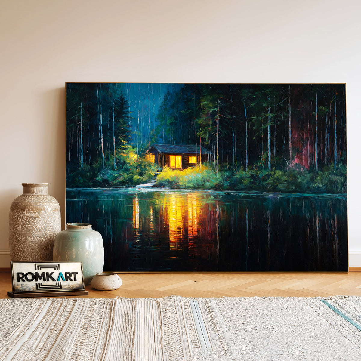 Wooden Cabin in the Forest Night Forest Landscape Oil Painting - image 3