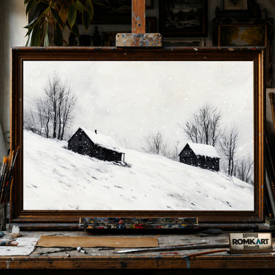Wooden Cabins on Snow hand-painted oil painting on canvas