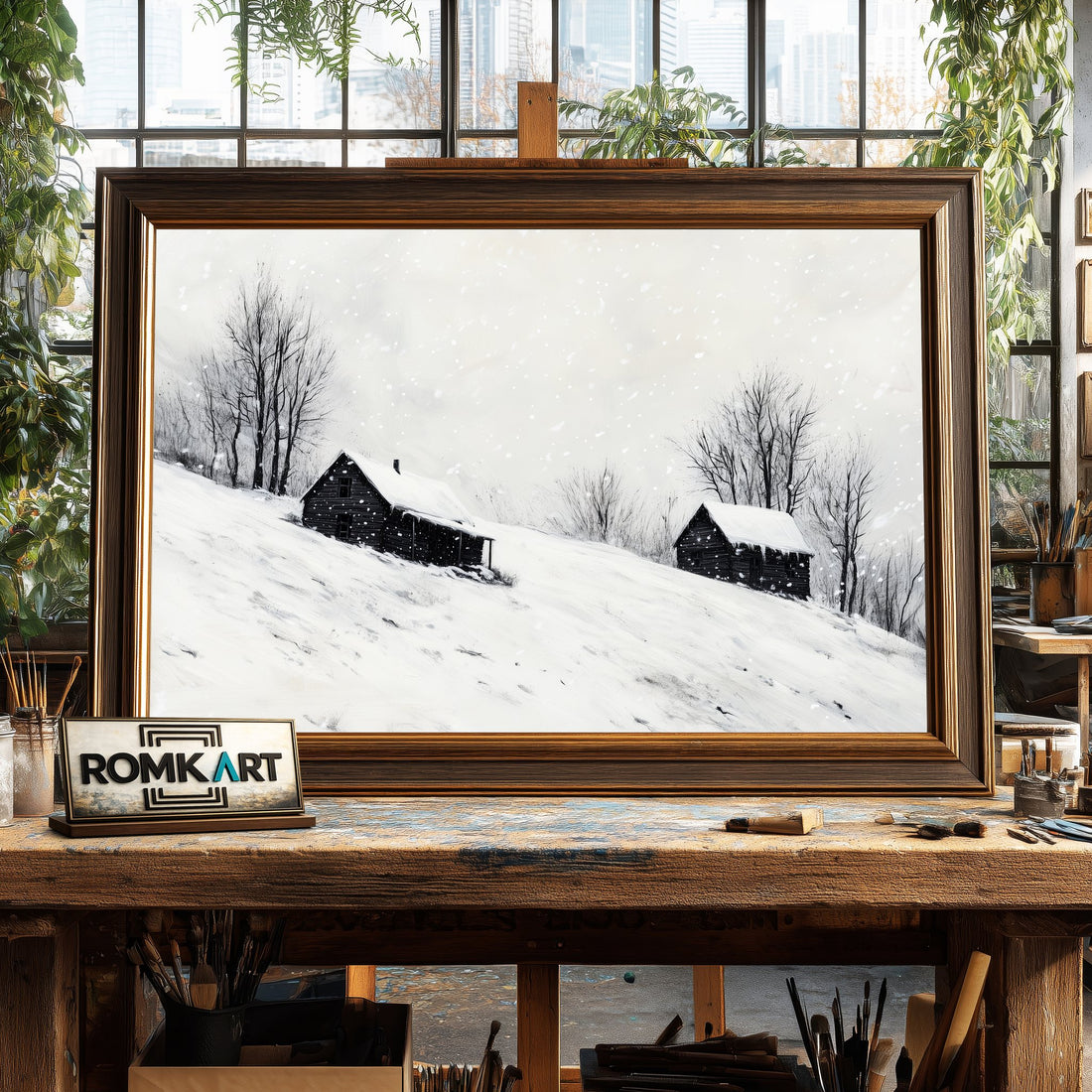 Wooden Cabins on Snow hand-painted oil painting on canvas