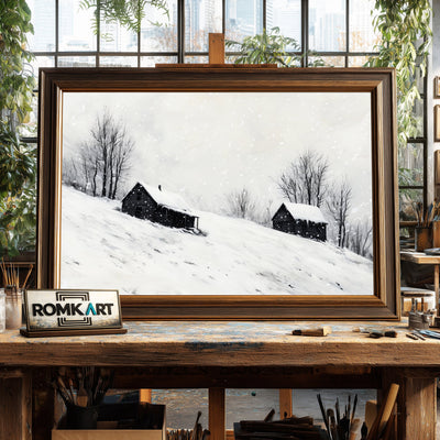 Wooden Cabins on Snow Landscape Oil Painting - image 2