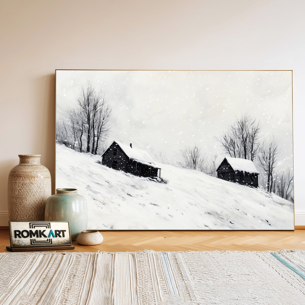 Wooden Cabins on Snow Landscape Oil Painting - image 3