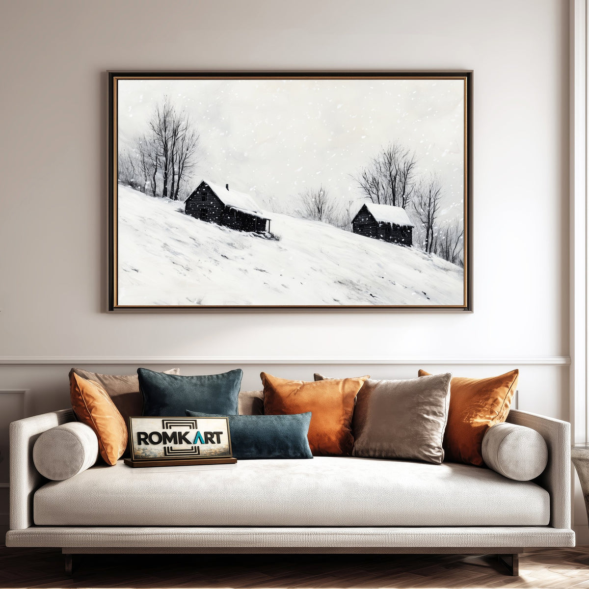 Wooden Cabins on Snow Landscape Oil Painting - image 4