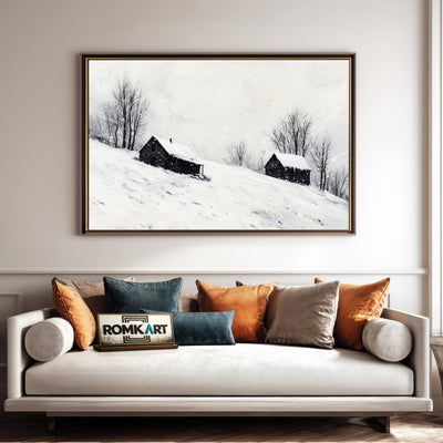 Wooden Cabins on Snow Landscape Oil Painting - image 4