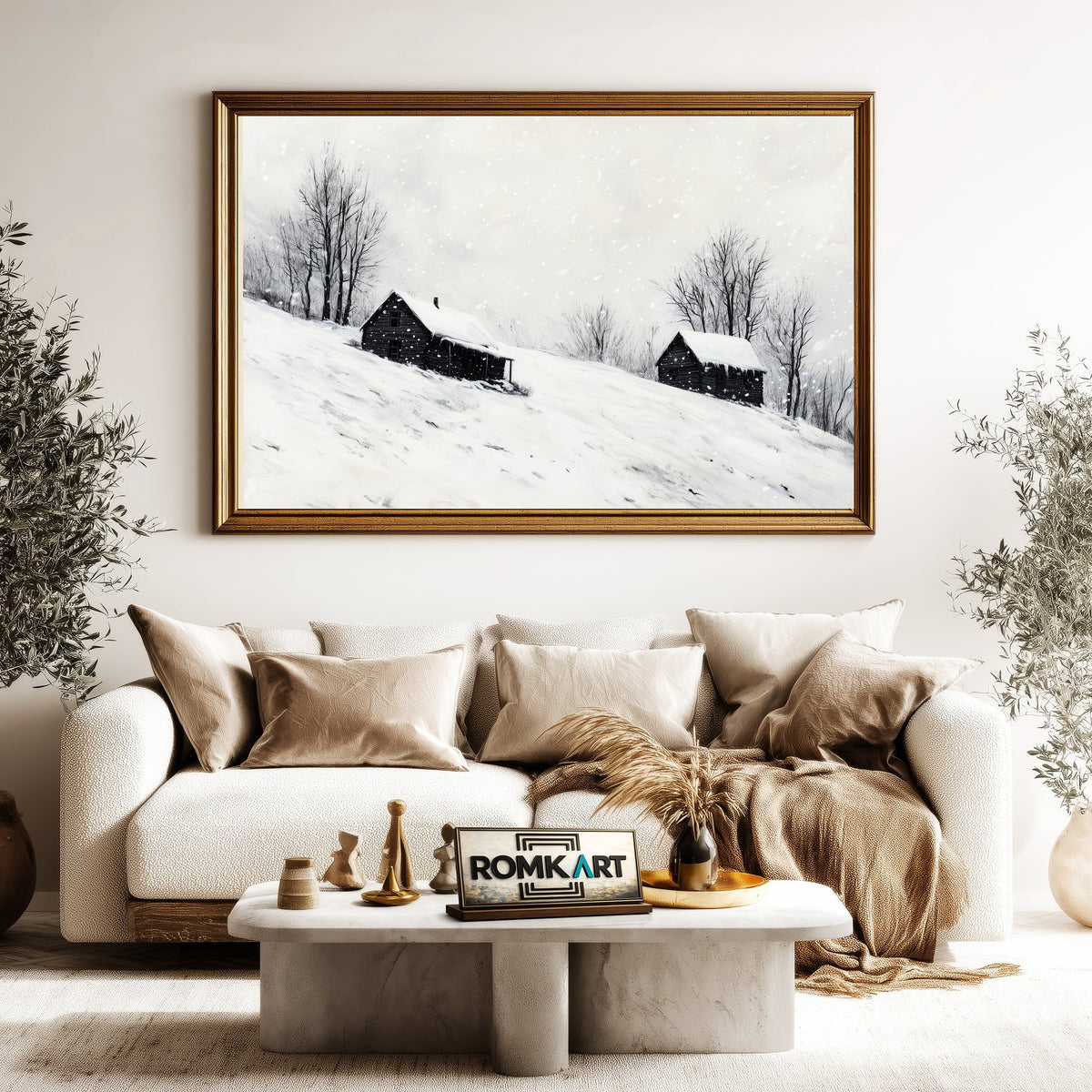 Wooden Cabins on Snow Landscape Oil Painting - image 5