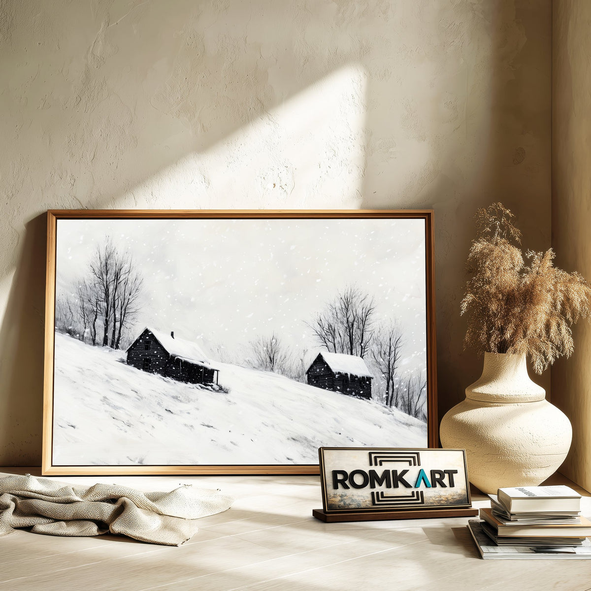 Wooden Cabins on Snow Landscape Oil Painting - image 6