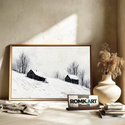 Wooden Cabins on Snow Landscape Oil Painting - image 6