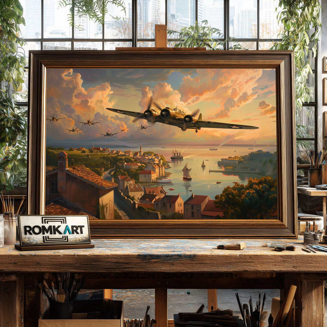 WWII Aircraft on Village hand-painted oil painting on canvas