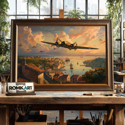 WWII Aircraft on Village Military Aviation Oil Painting - image 2