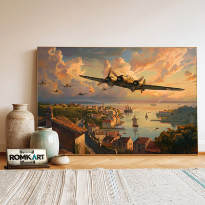 WWII Aircraft on Village Military Aviation Oil Painting - image 3