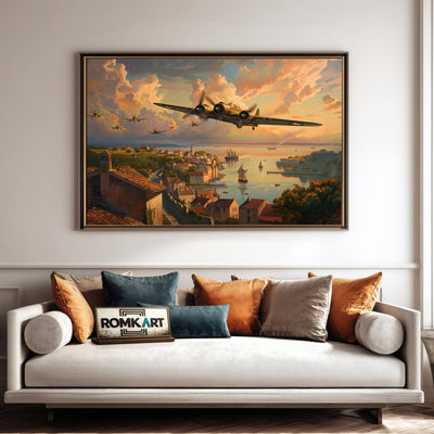 WWII Aircraft on Village Military Aviation Oil Painting - image 4