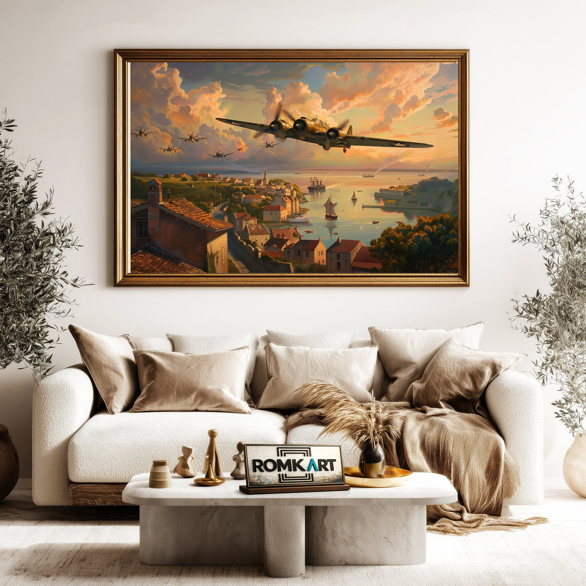 WWII Aircraft on Village Military Aviation Oil Painting - image 5