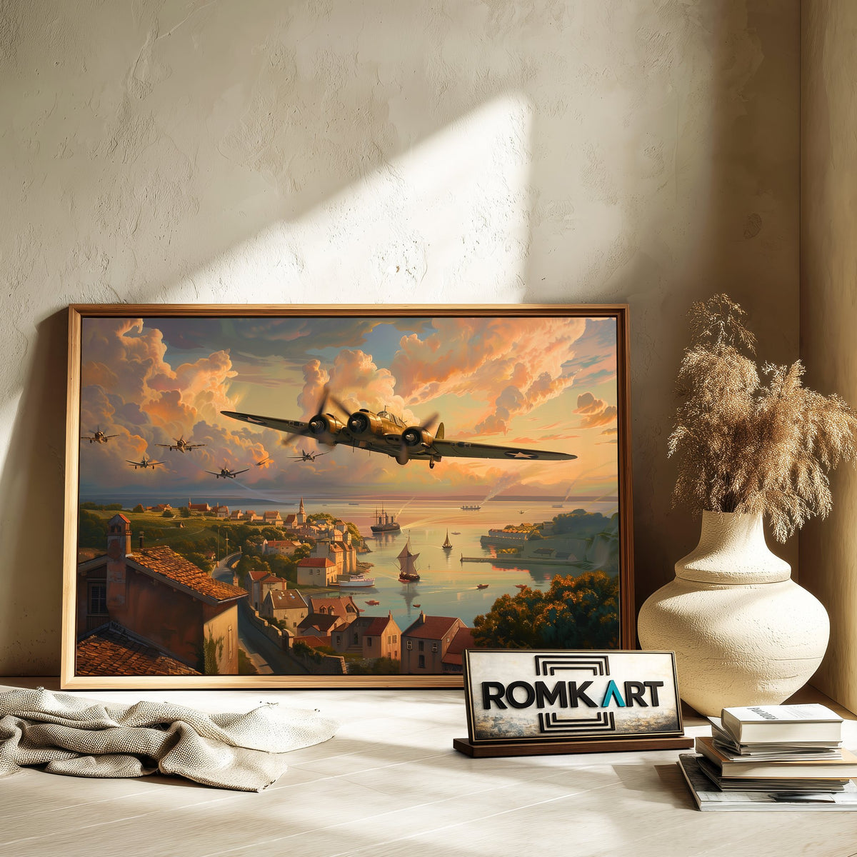 WWII Aircraft on Village Military Aviation Oil Painting - image 6