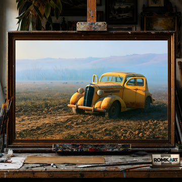 Yellow Vintage Car Automotive Oil Painting