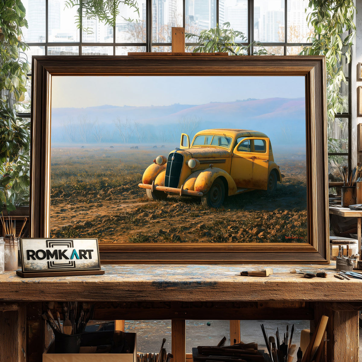 Yellow Vintage Car Automotive Oil Painting - image 2