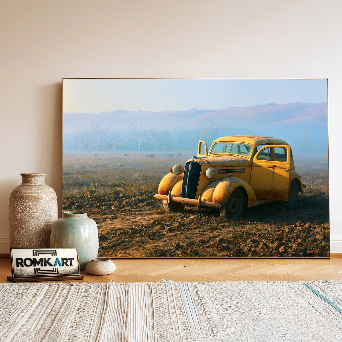 Yellow Vintage Car Automotive Oil Painting - image 3