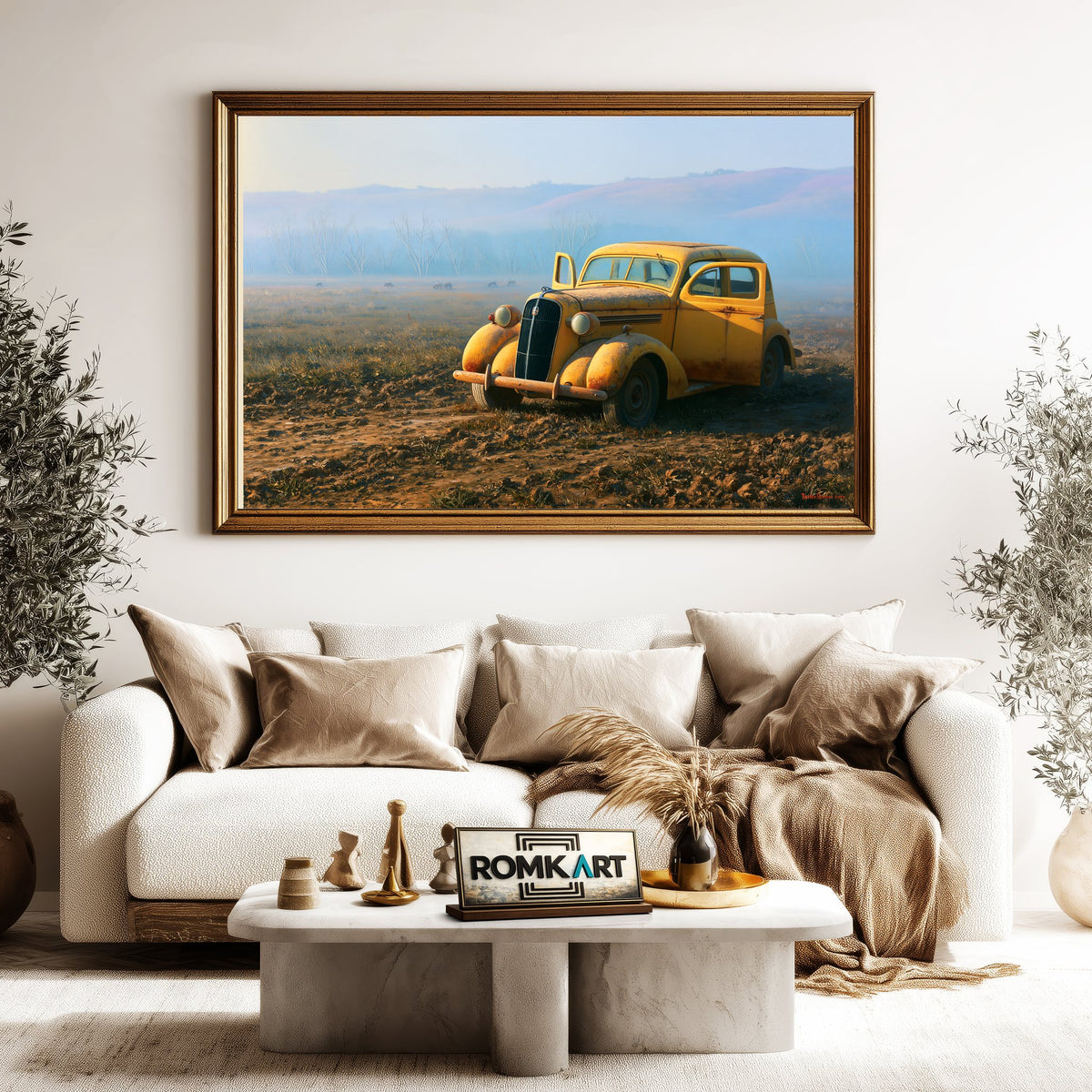 Yellow Vintage Car Automotive Oil Painting - image 5