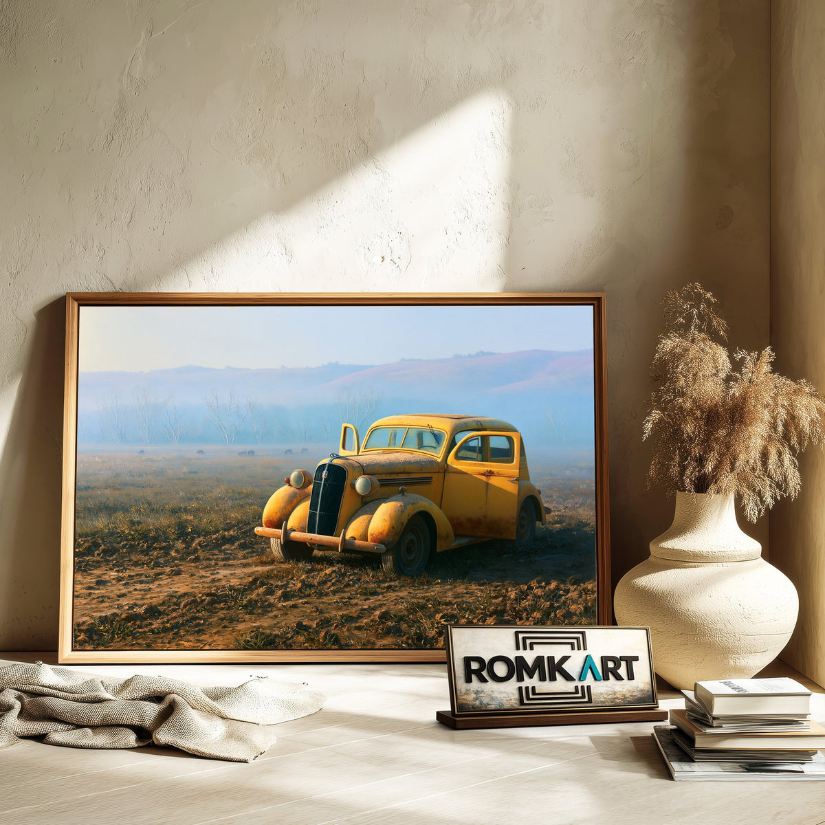 Yellow Vintage Car Automotive Oil Painting - image 6