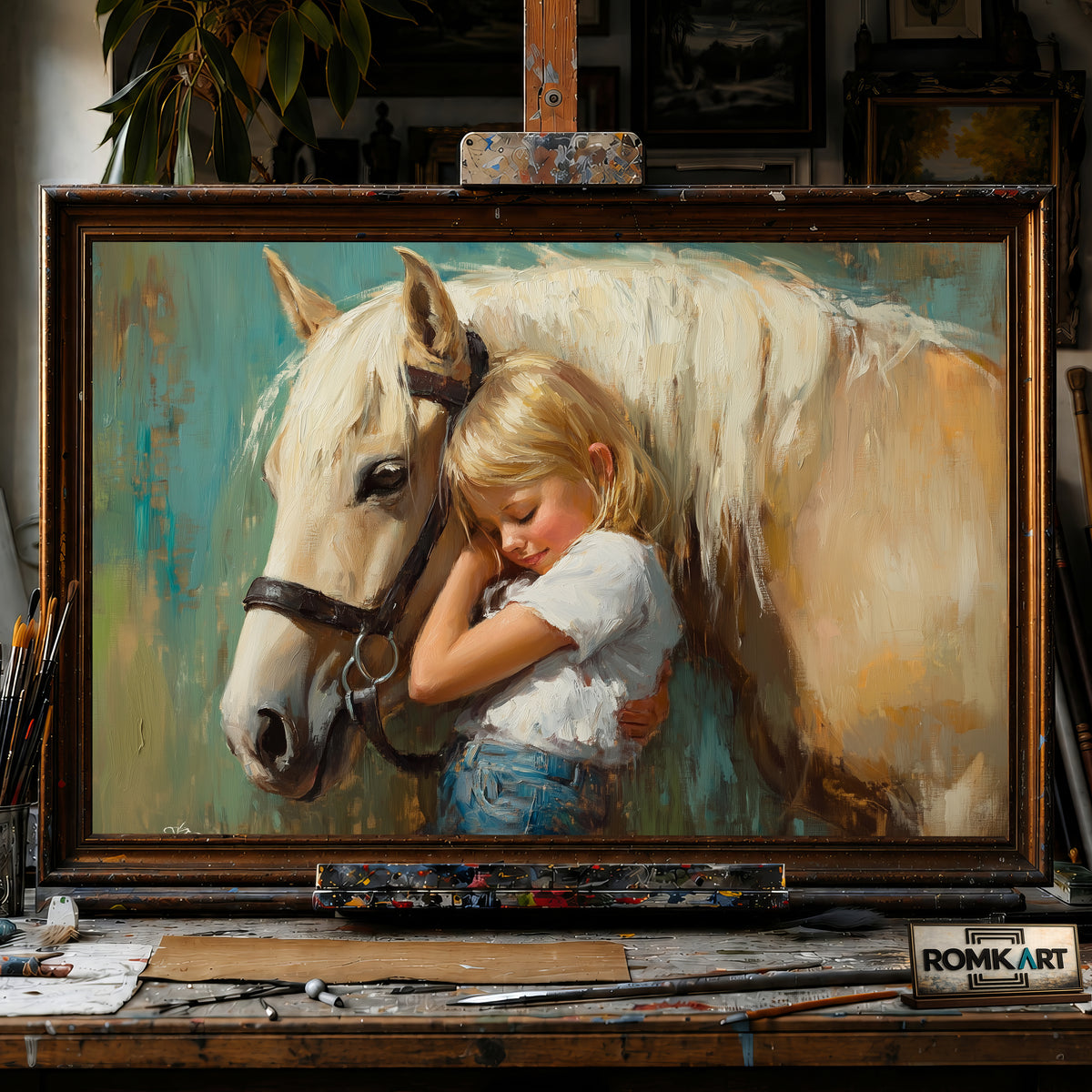 Yound Child Embracing a Gentle Horse hand-painted oil painting on canvas