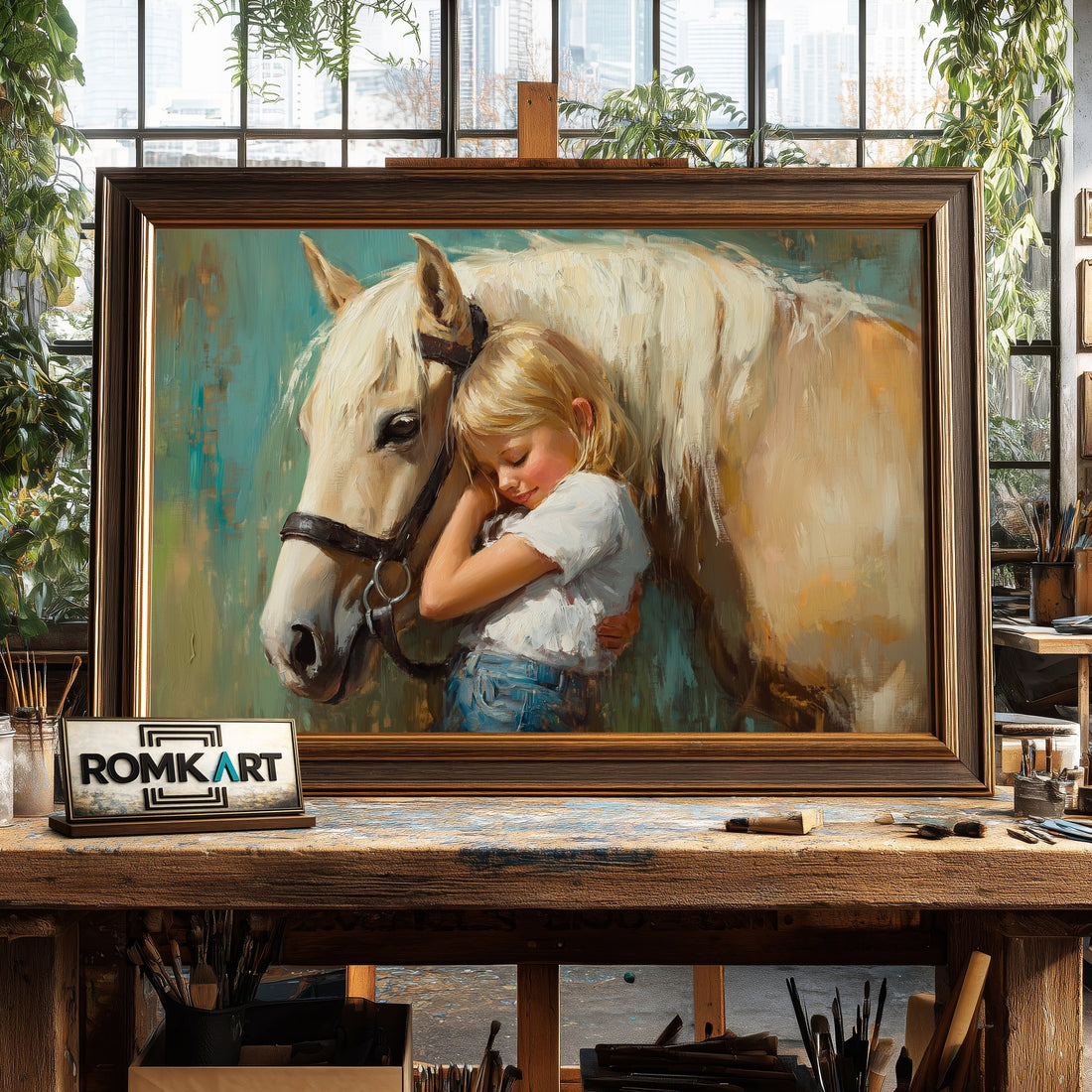 Yound Child Embracing a Gentle Horse hand-painted oil painting on canvas