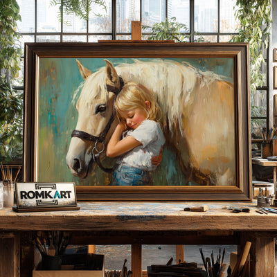 Yound Child Embracing a Gentle Horse Equestrian Oil Painting - image 2