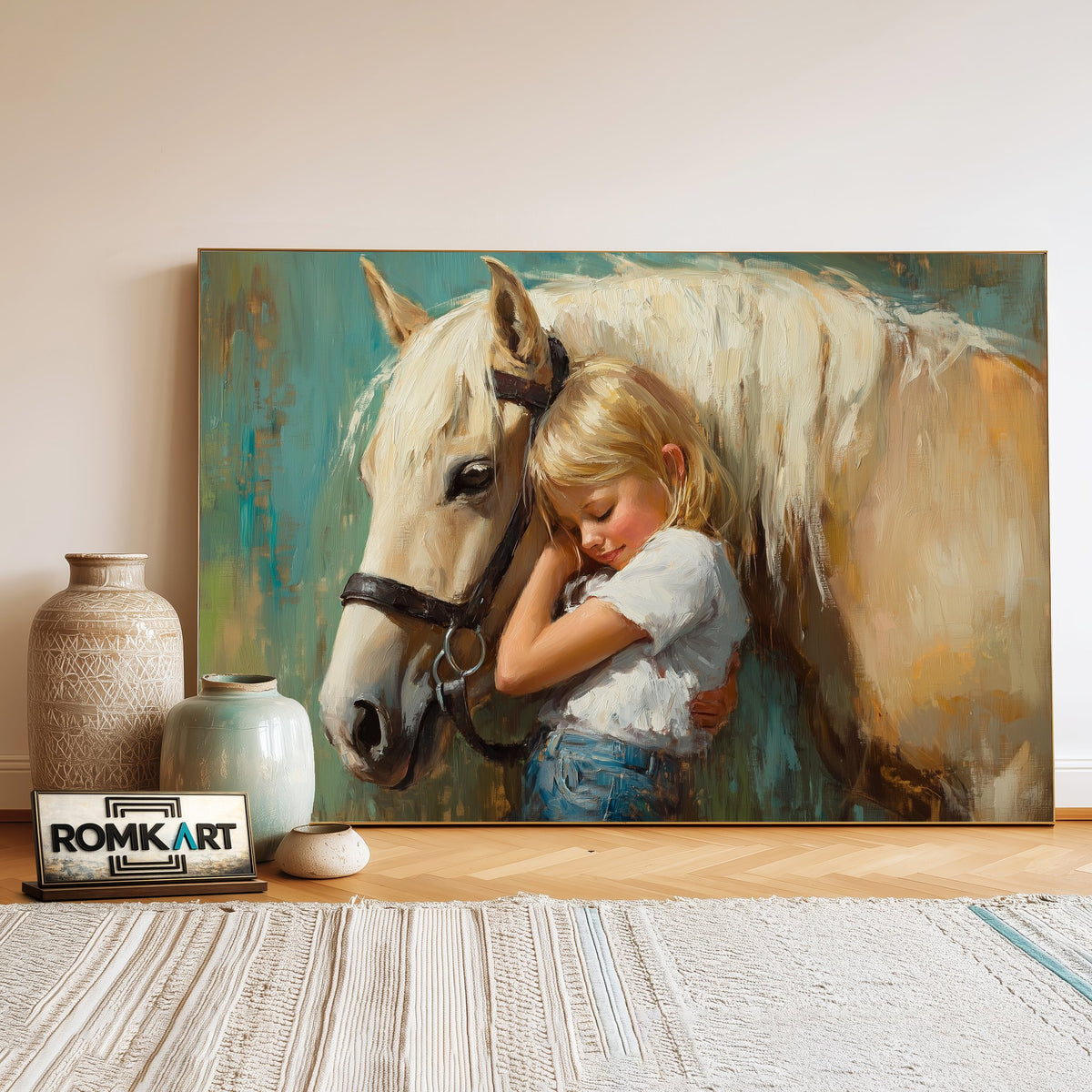 Yound Child Embracing a Gentle Horse Equestrian Oil Painting - image 3