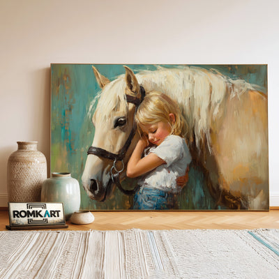 Yound Child Embracing a Gentle Horse Equestrian Oil Painting - image 3