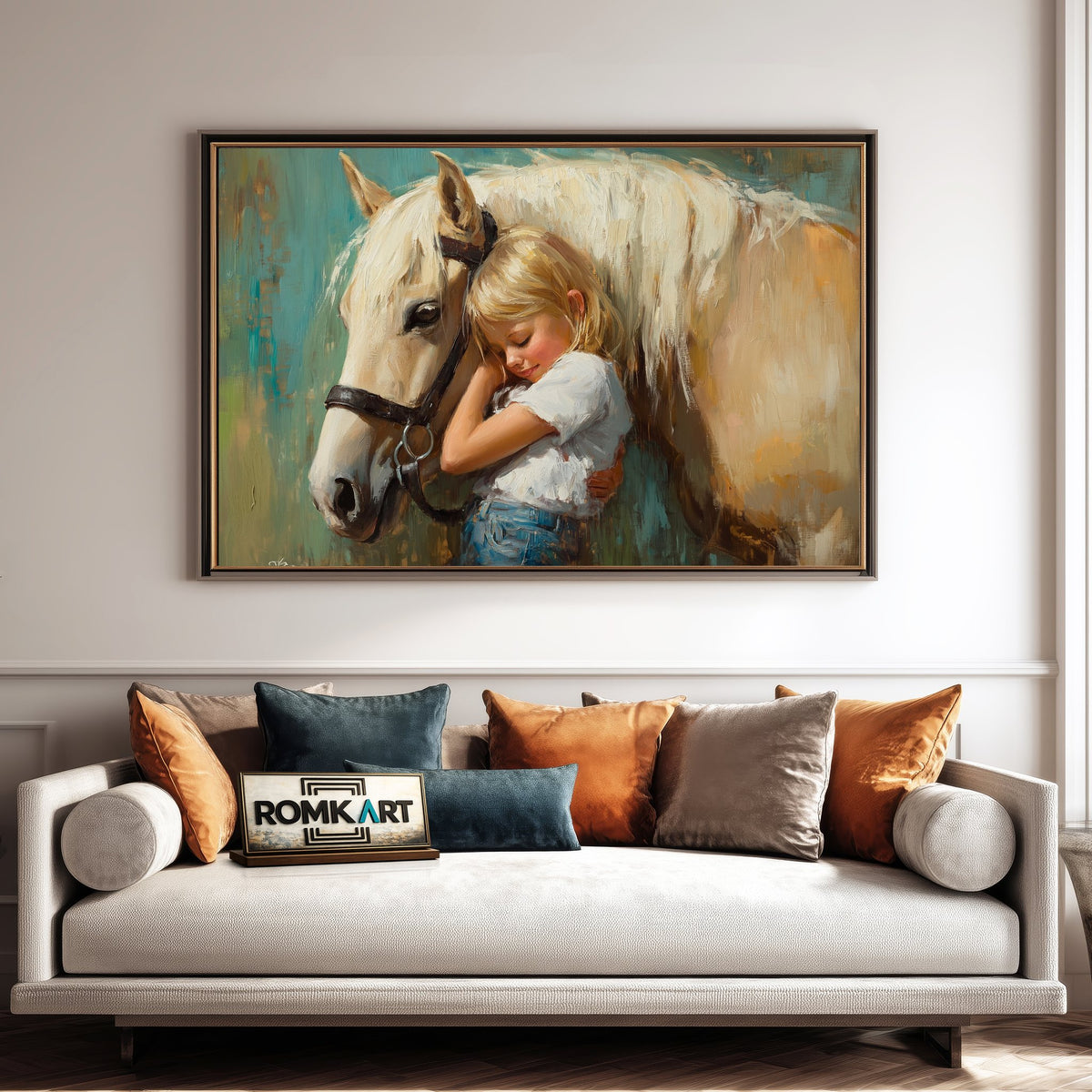 Yound Child Embracing a Gentle Horse Equestrian Oil Painting - image 4