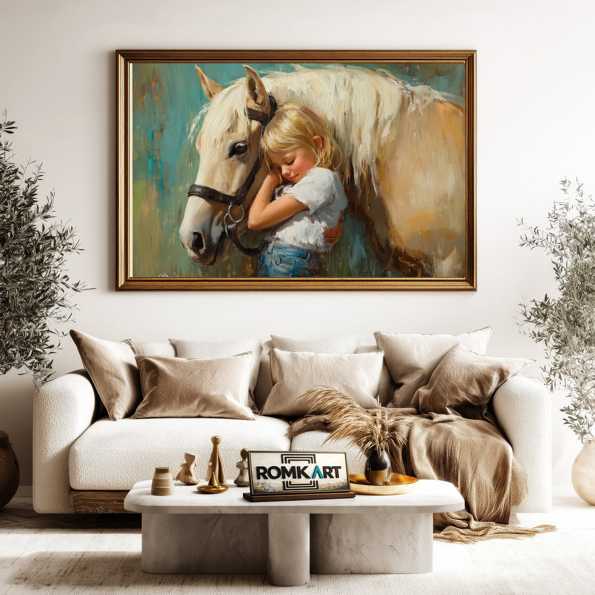 Yound Child Embracing a Gentle Horse Equestrian Oil Painting - image 5