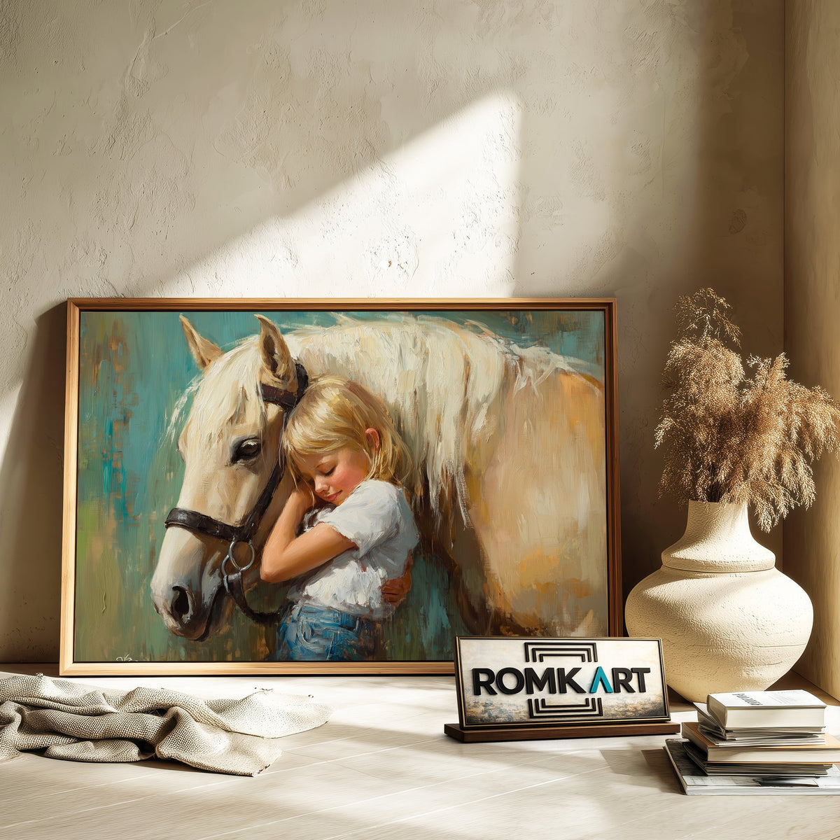 Yound Child Embracing a Gentle Horse Equestrian Oil Painting - image 6